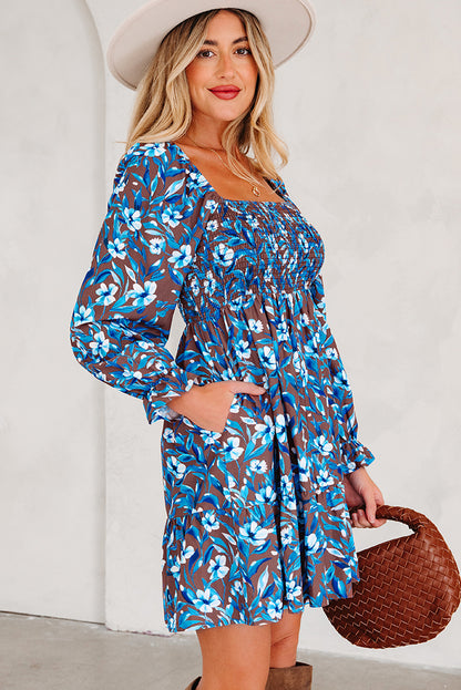 Blue Floral Smocked Dress Puff Sleeve Mini