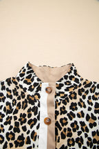 Multicolour Half Buttons Short Sleeve Loose Leopard Mini Dress with Pockets