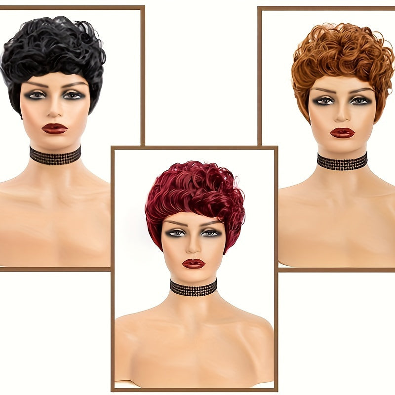 Short curly pixie cut wig in three colors: black, burgundy, and auburn displayed on a mannequin