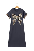 Dark Grey Contrast Leopard Bow Patched Short Sleeve T Shirt Long Dress