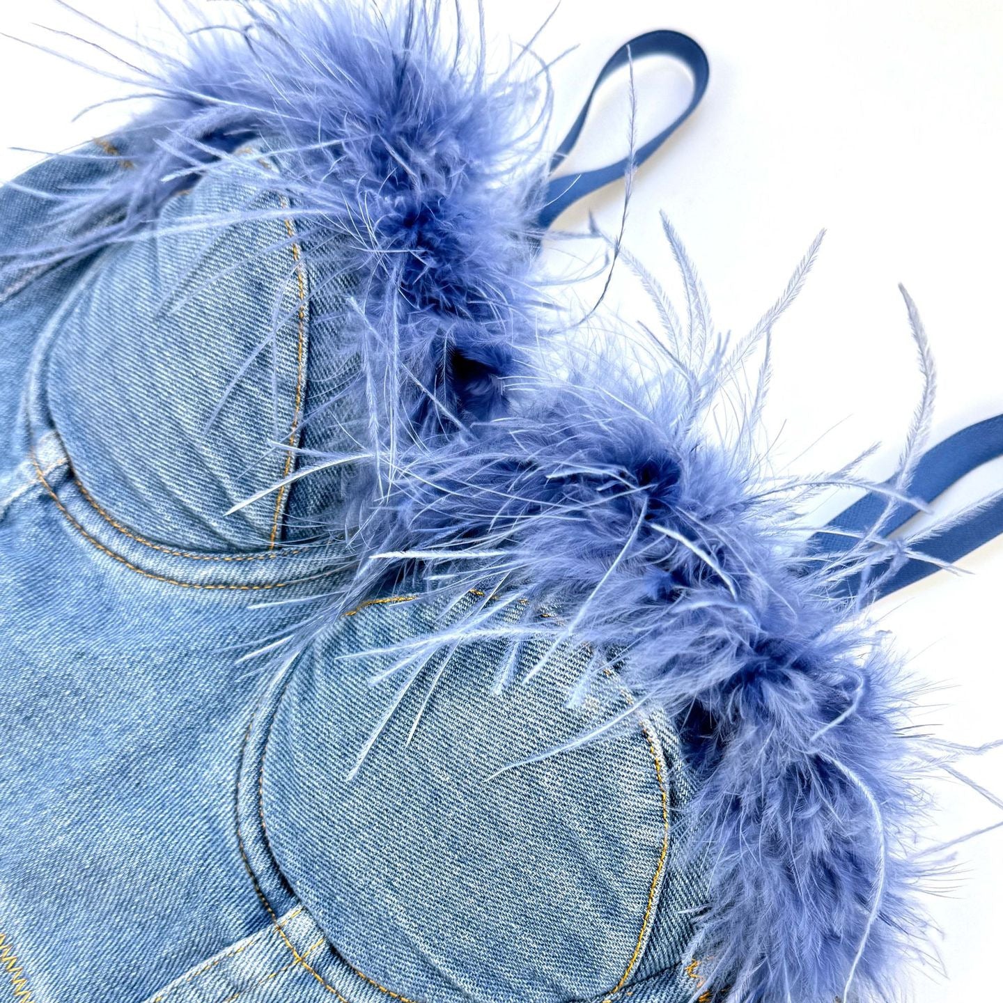 Denim Corset Tops with Faux Fur Trim