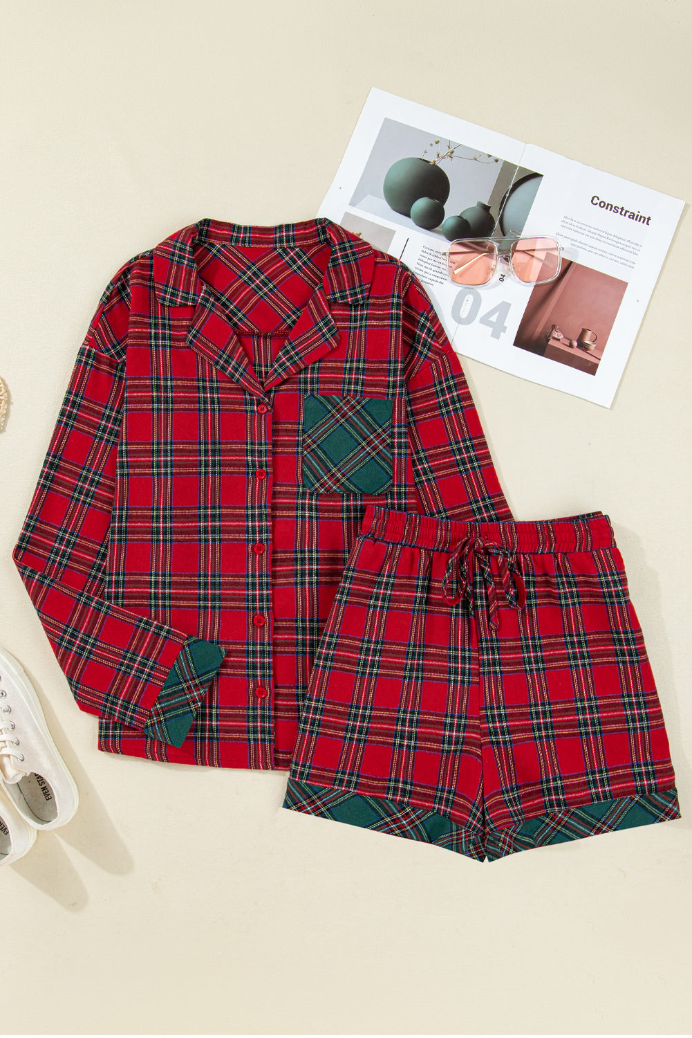 Red Plaid Christmas Pajamas Set For Women