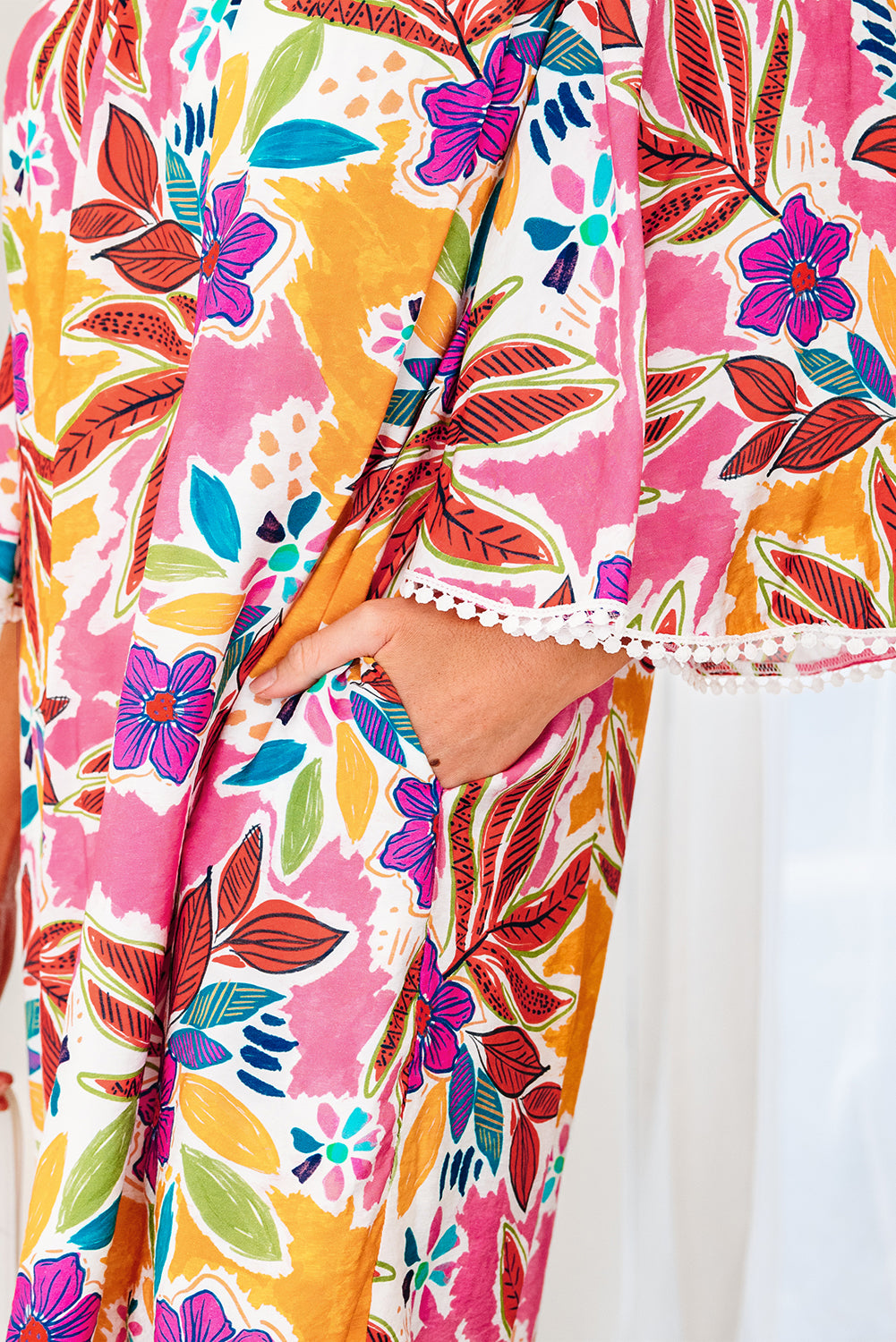 Pink Floral Swing Mini Dress Lace Trim