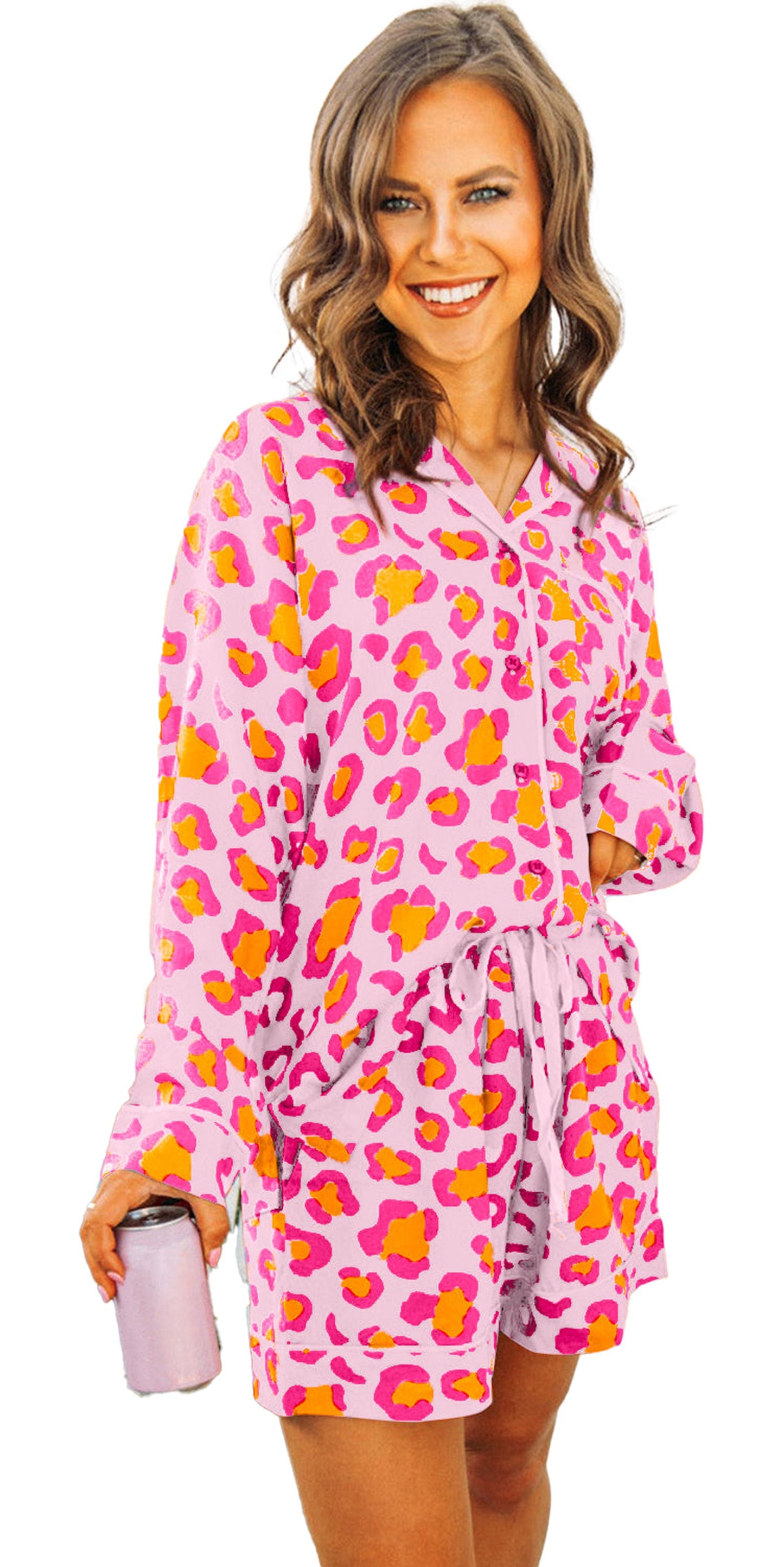 Pink Leopard Print Pajama Set For Women