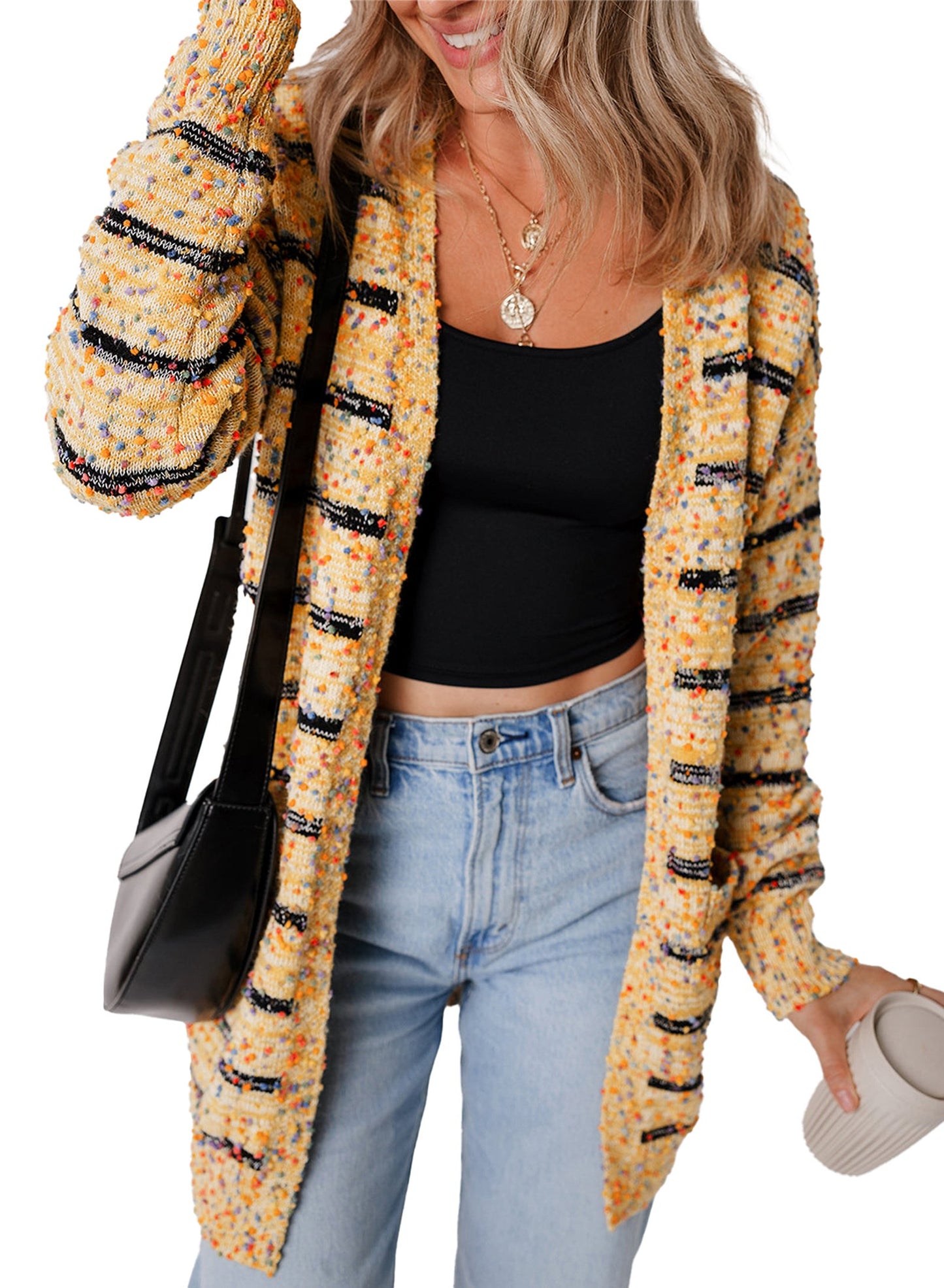 Beige Striped Knit Cardigan For Trendy Style