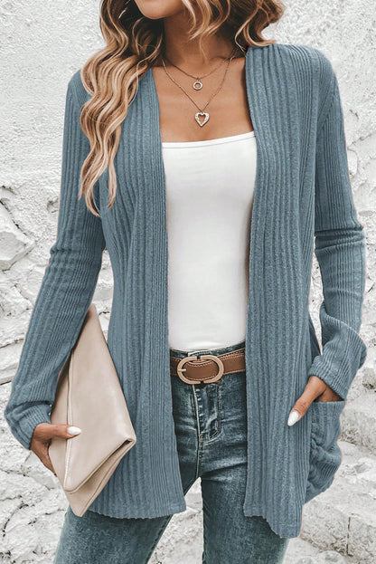 Black Ribbed Open Front Cardigan
