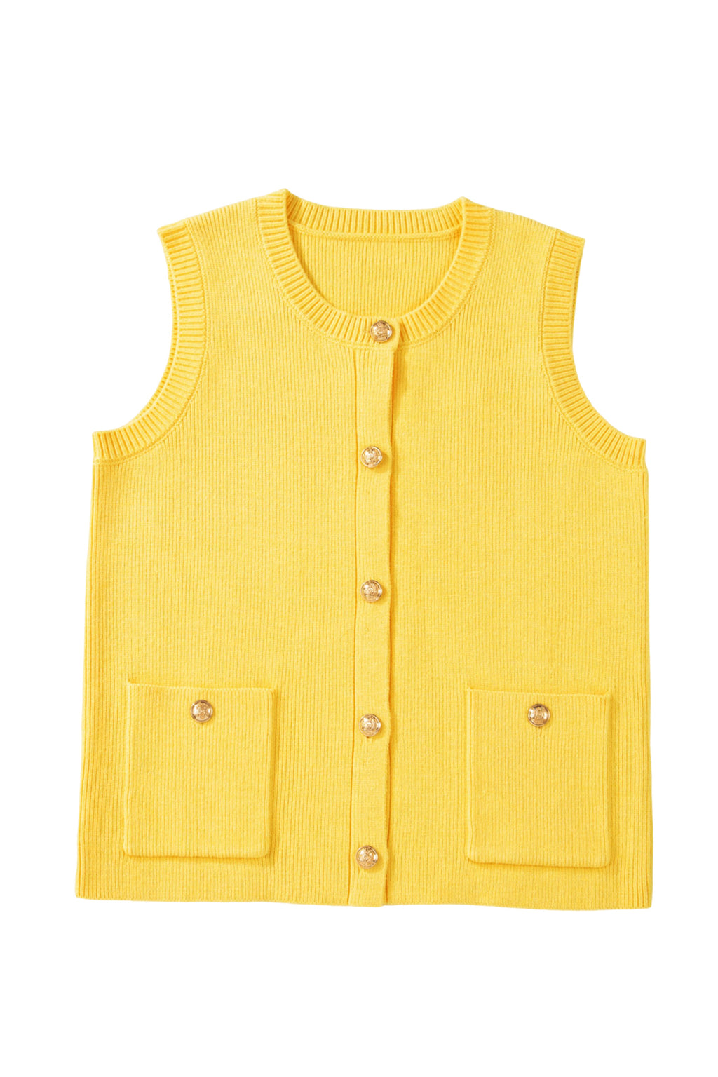 White Solid Color Sleeveless Knit Button Pocketed Sweater
