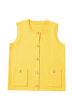 White Solid Color Sleeveless Knit Button Pocketed Sweater