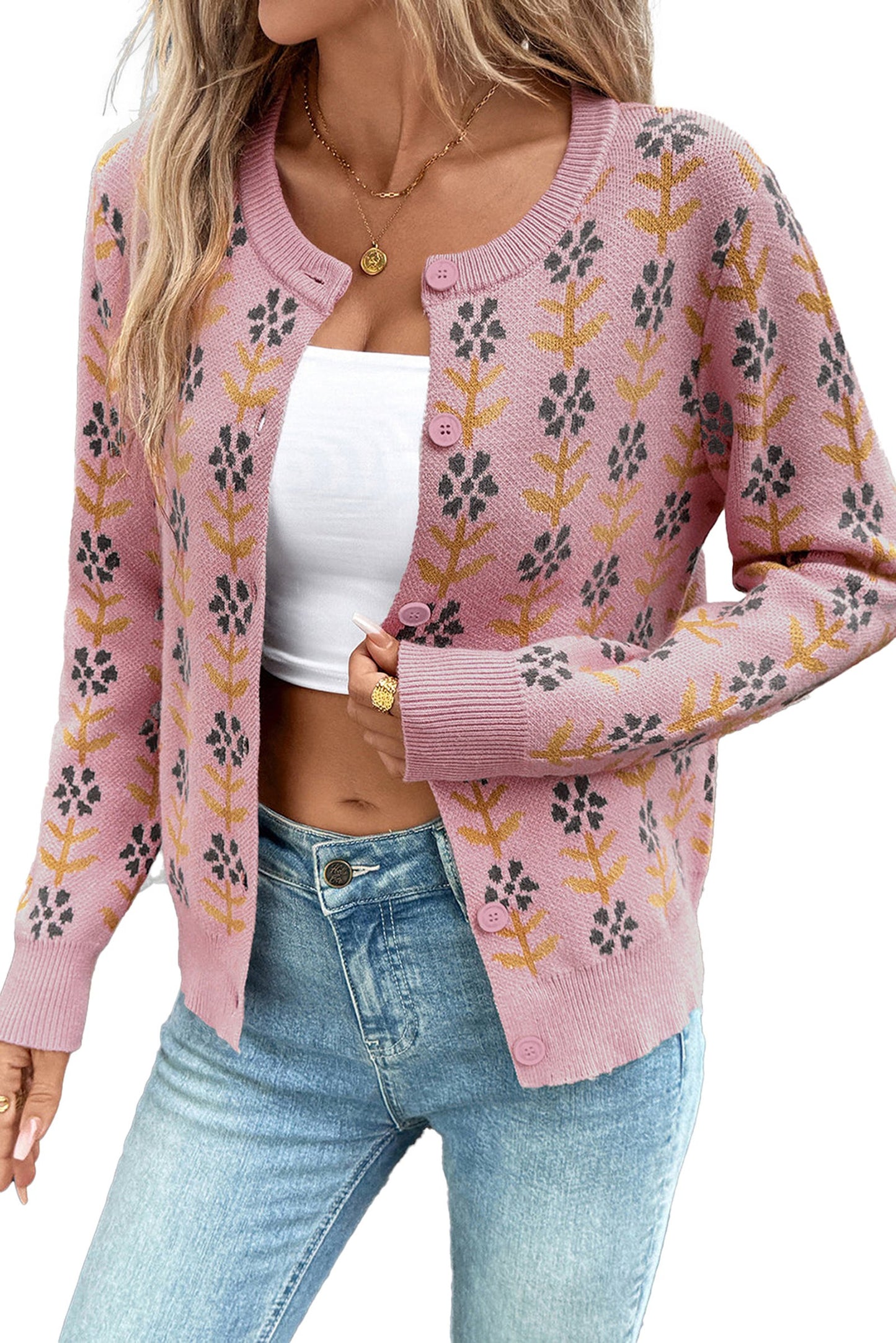 Pink Floral Cardigan Sweater For Women
