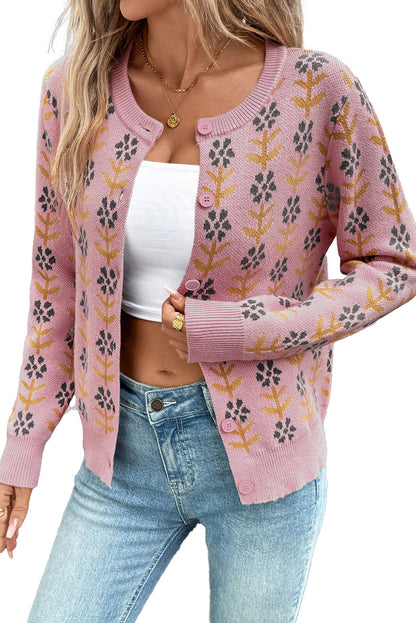 Pink Floral Cardigan Sweater For Women
