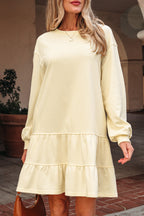 Beige Ruffle Hem Mini Dress Cozy Long Sleeve