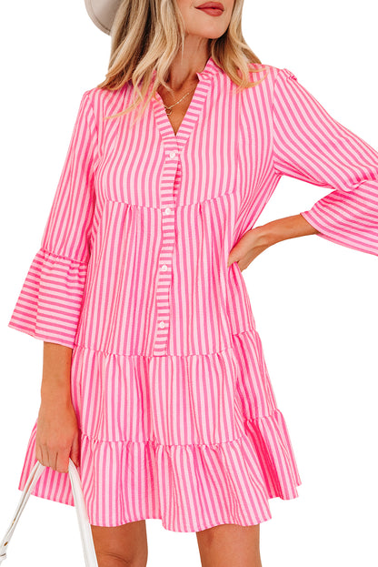 Pink Stripe Flare Sleeve Mini Dress Ruffle