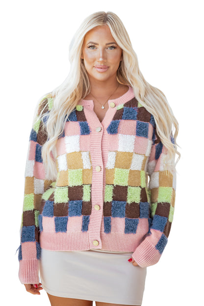 Multicolor Checkered Cardigan Sweater