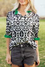 Green Damask Print Ruffled Color Block Detail Half Sleeve Blouse
