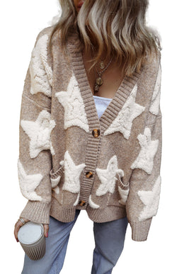 Khaki Star Pattern Sherpa Cardigan