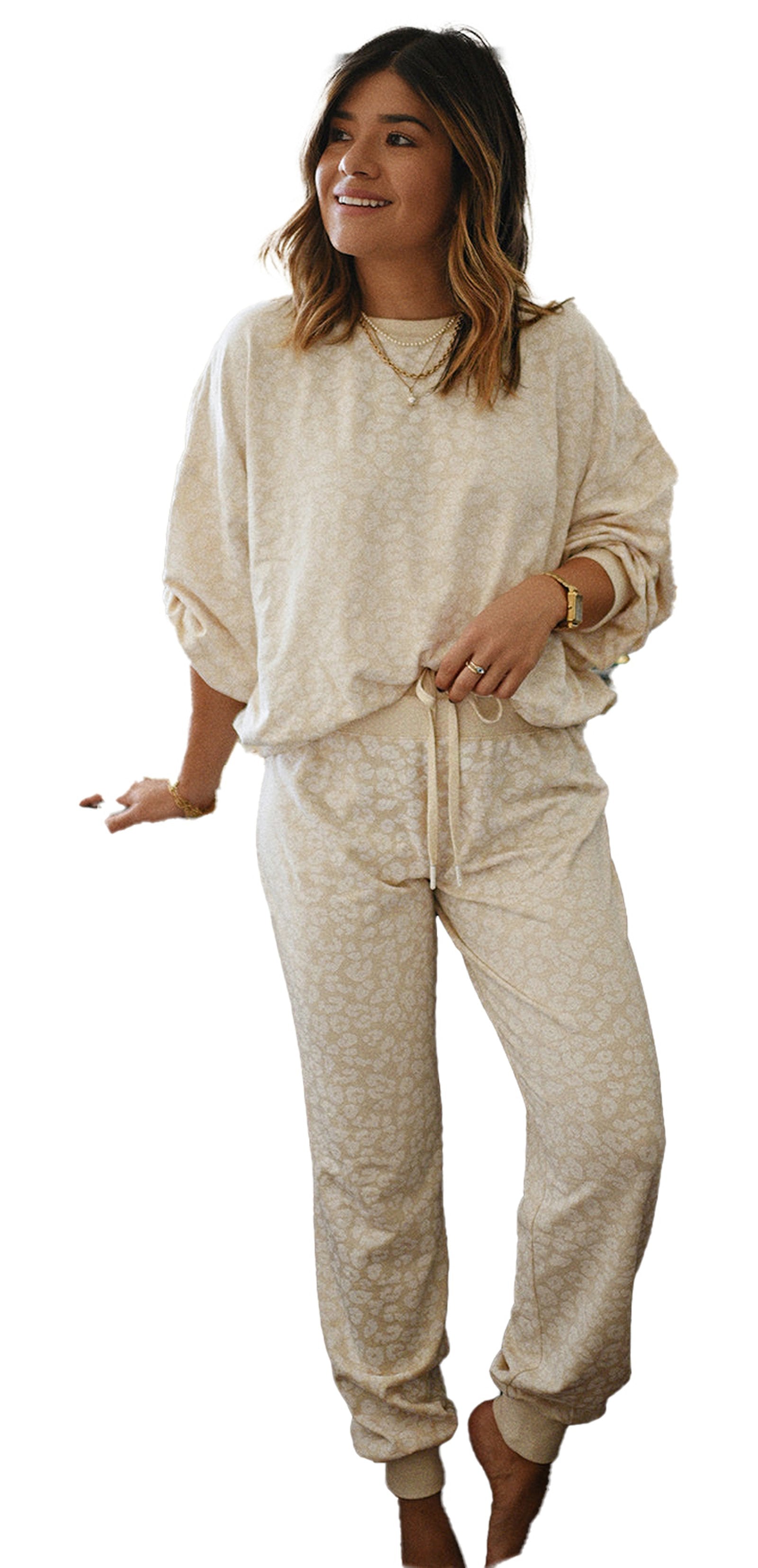 White Cheetah Print Loungewear Set