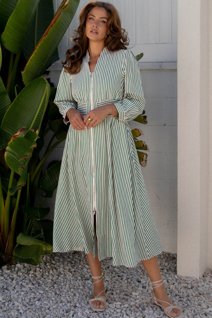 Green Stripe Midi Dress Button Front