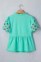 Mint Green Frilled V Neck Flower Embroidered Puff Sleeve Textured Blouse