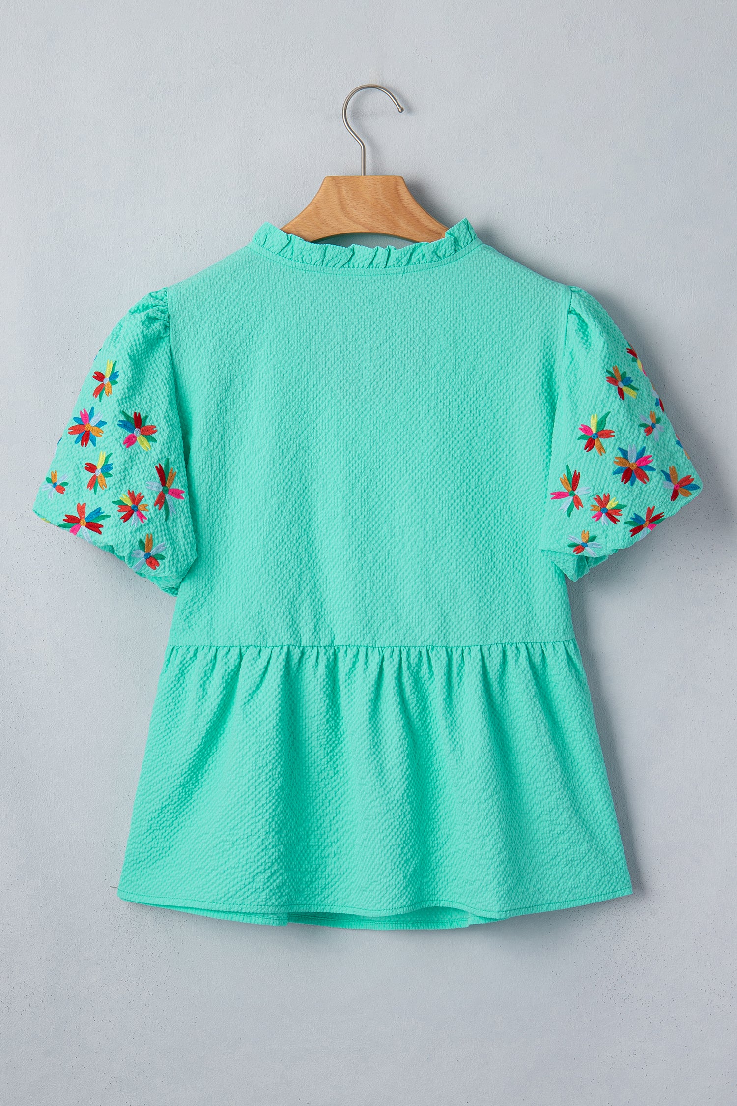 Mint Green Frilled V Neck Flower Embroidered Puff Sleeve Textured Blouse