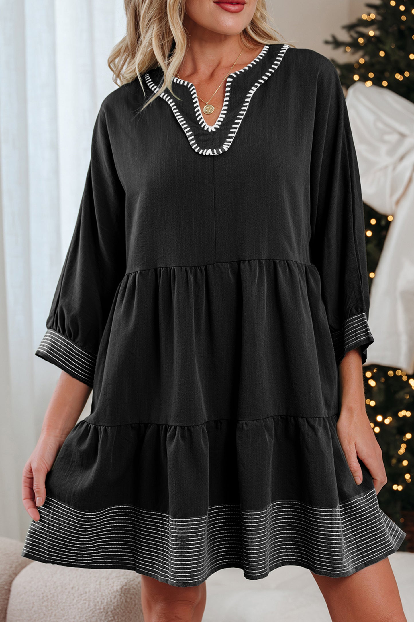 Black Contrast Stitch Mini Dress Tiered V-Neck
