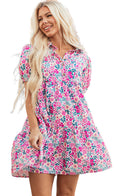 Blonde woman wearing LuckeLadybug pink floral collared dress with puff sleeves and tiered skirt outdoors
