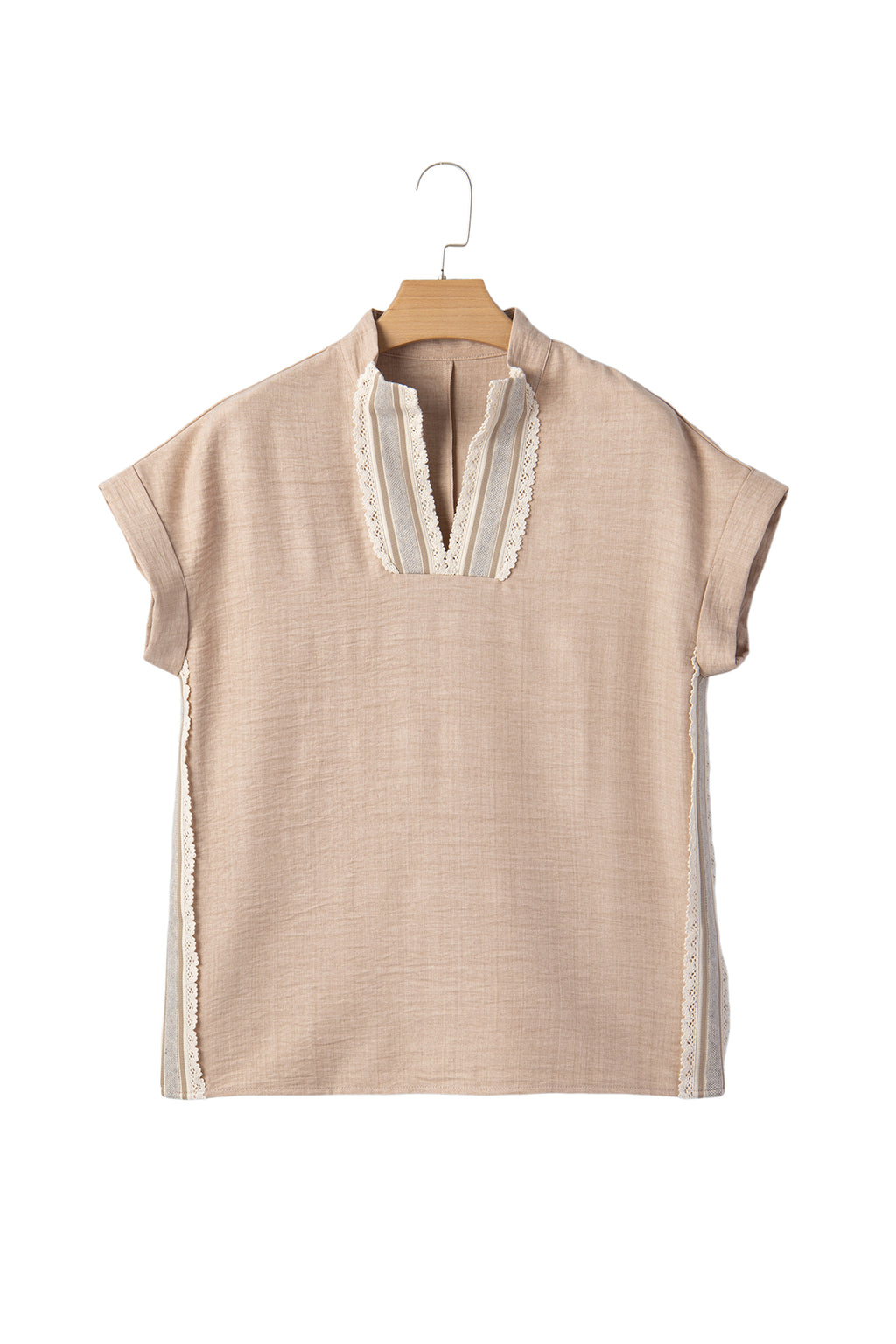Parchment Crochet Lace Accent Pullover Rolled Short Sleeve Blouse