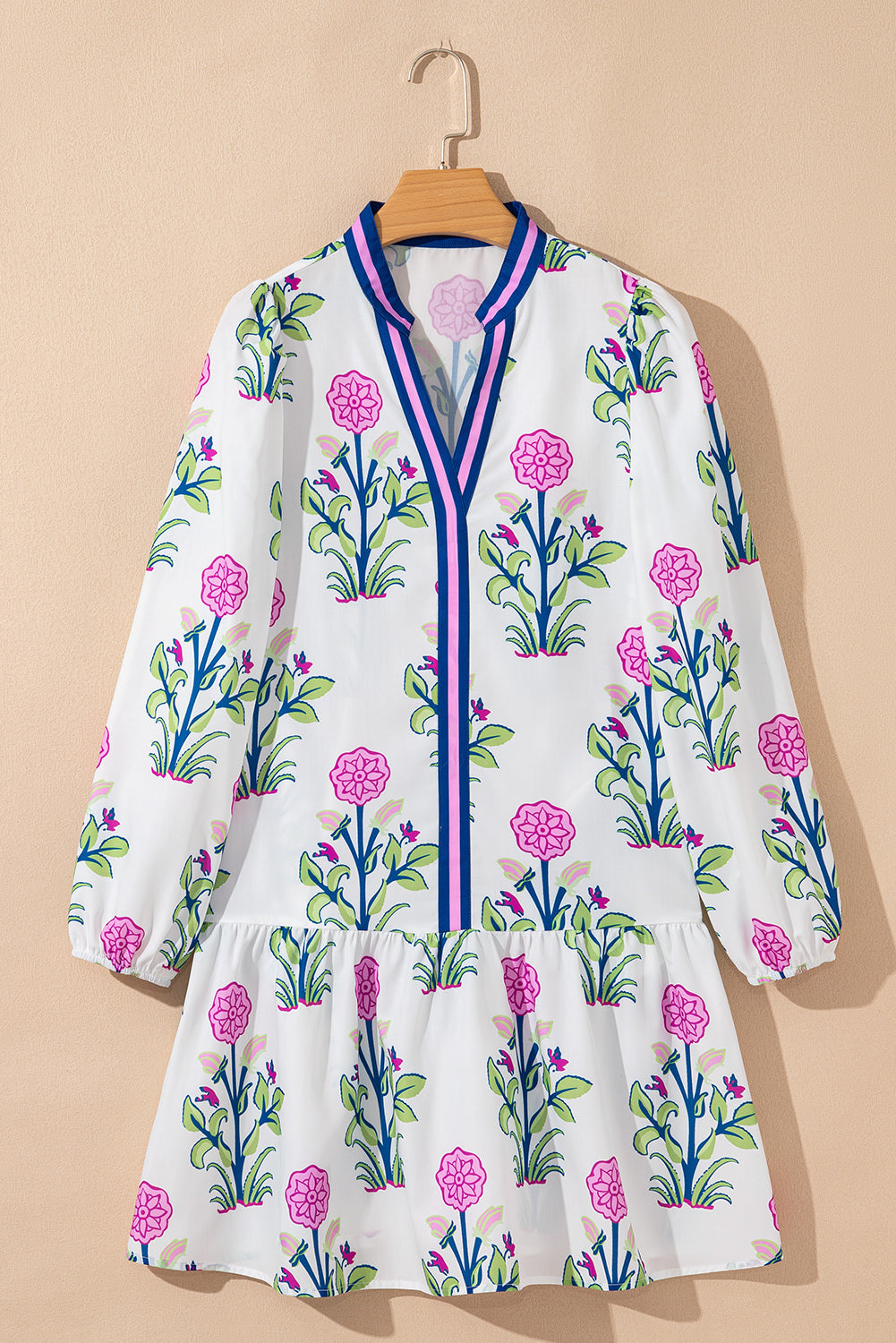 White Floral Print Long Sleeve Dress