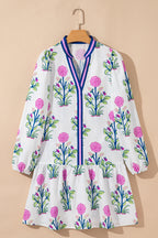 White Floral Print Long Sleeve Dress