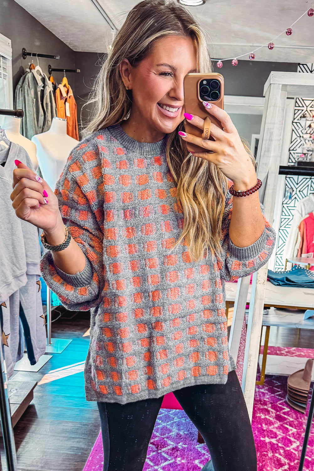 Pink Checkered Oversized Sweater