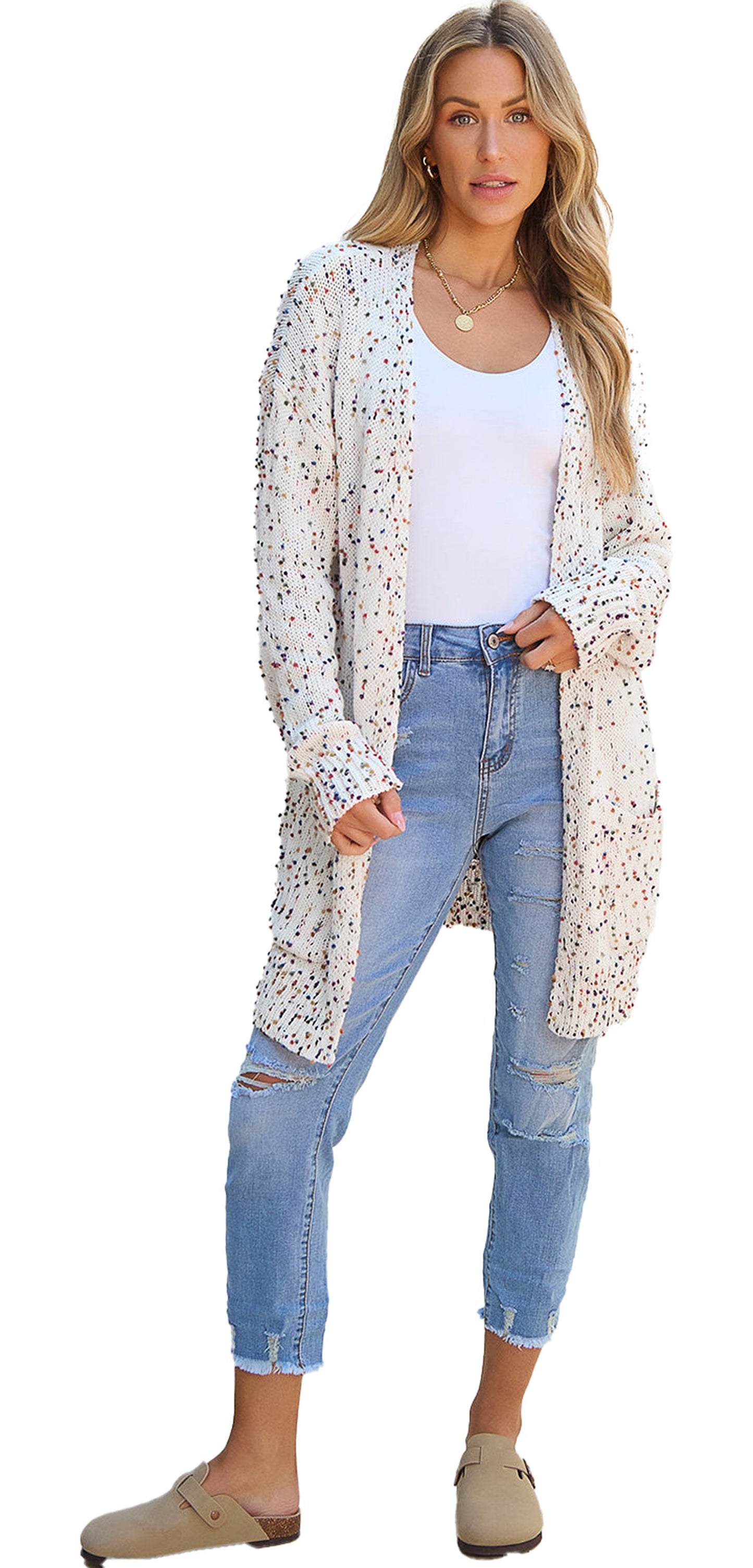 White Confetti Rib Knit Cardigan