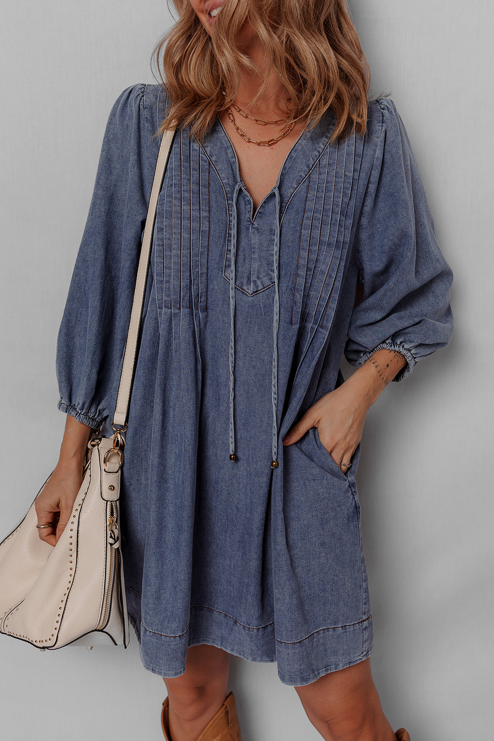 Denim Mini Dress With Tie Neck Long Sleeve