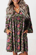Green Floral Mini Dress Long Sleeve Pockets