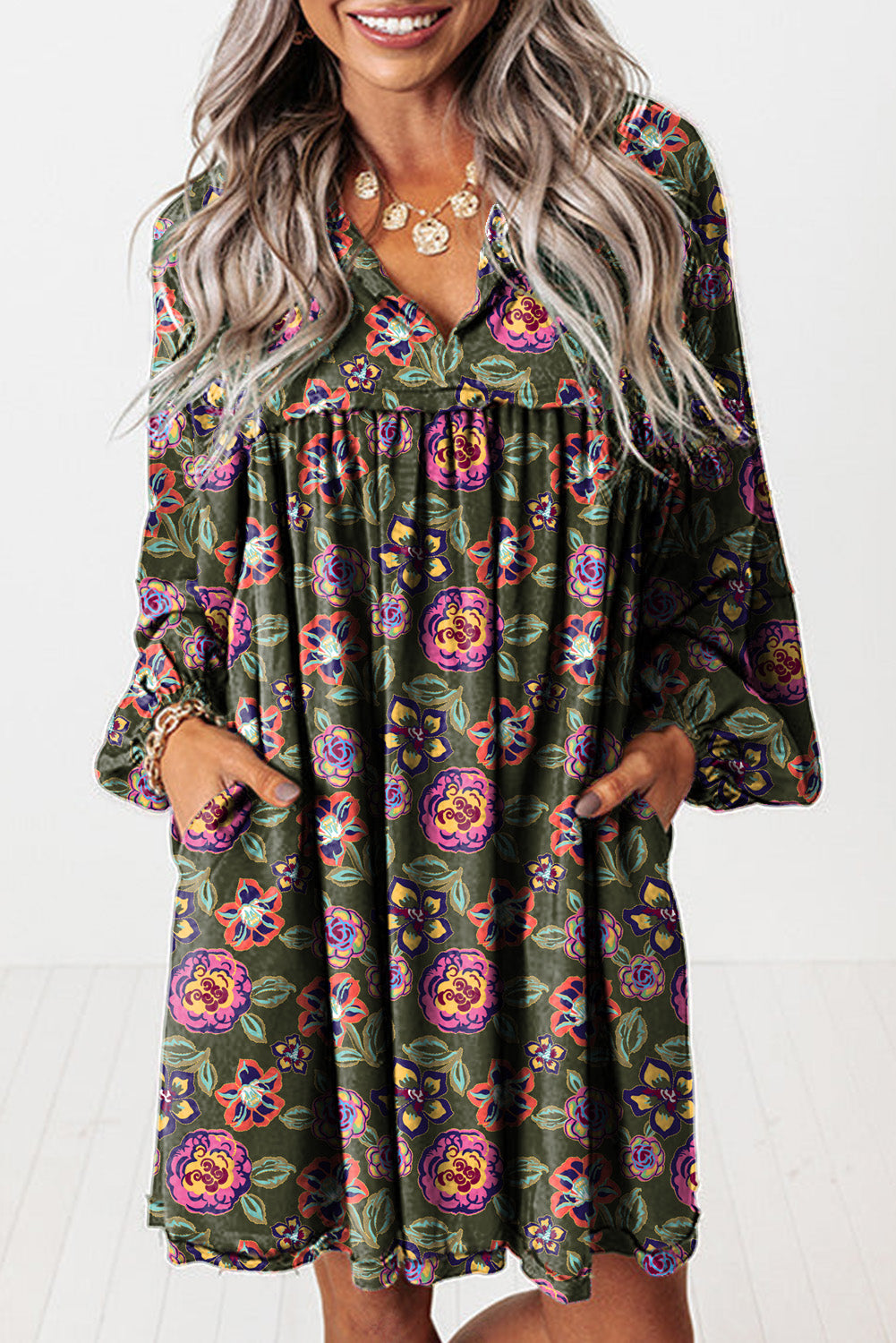 Green Floral Mini Dress Long Sleeve Pockets