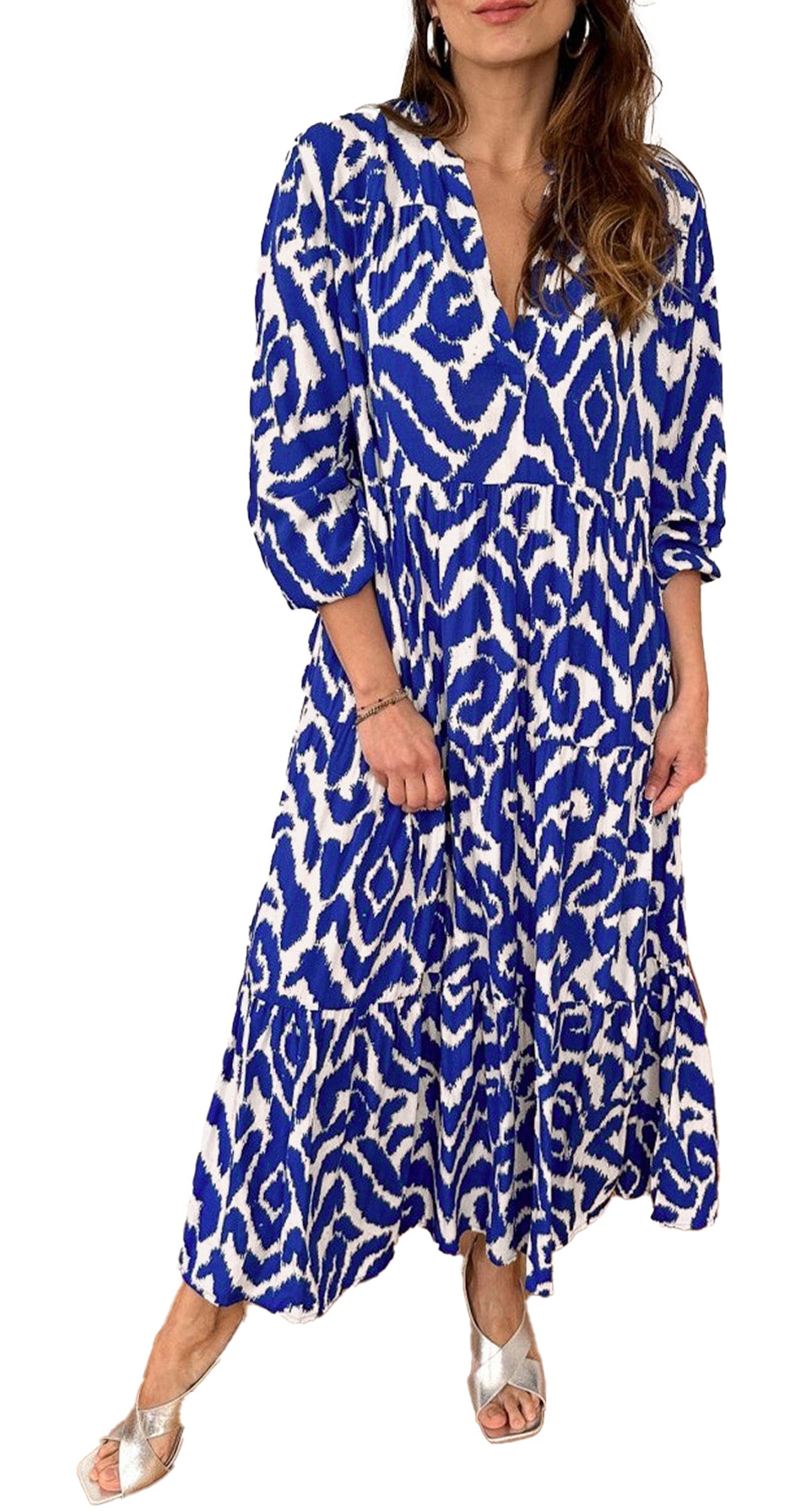 Orange Geometric Maxi Dress, Flowy Boho Tiered