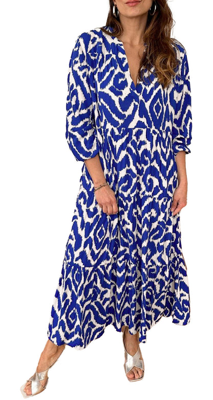 Orange Geometric Maxi Dress, Flowy Boho Tiered