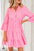 Pink Stripe Flare Sleeve Mini Dress Ruffle