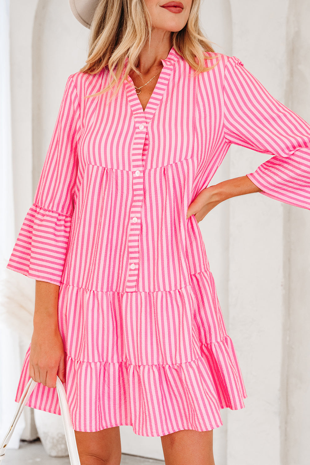 Pink Stripe Flare Sleeve Mini Dress Ruffle