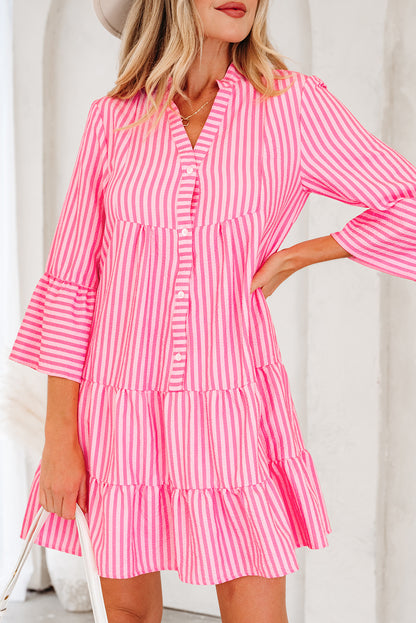Pink Stripe Flare Sleeve Mini Dress Ruffle