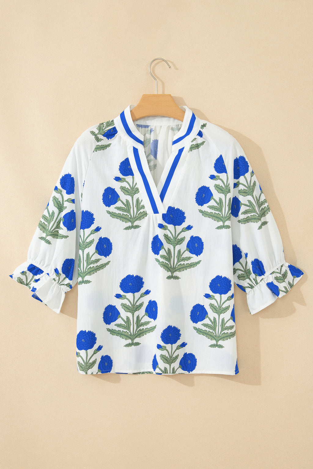 Green Casual Wild Flower Print V Neck 3/4 Sleeve Blouse