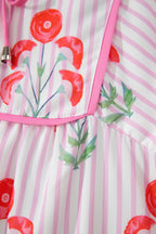 Sky Blue Floral Striped Print Tie Notched Neck Puff Sleeve Flared Mini Dress