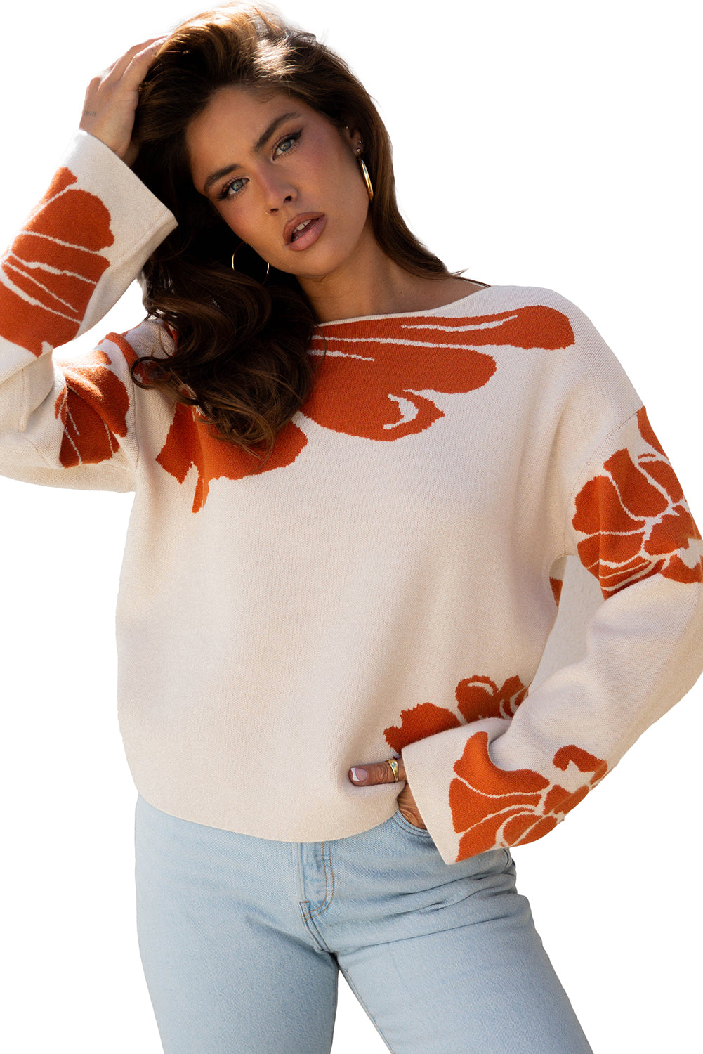 Green Flower Pattern Sweater For Women