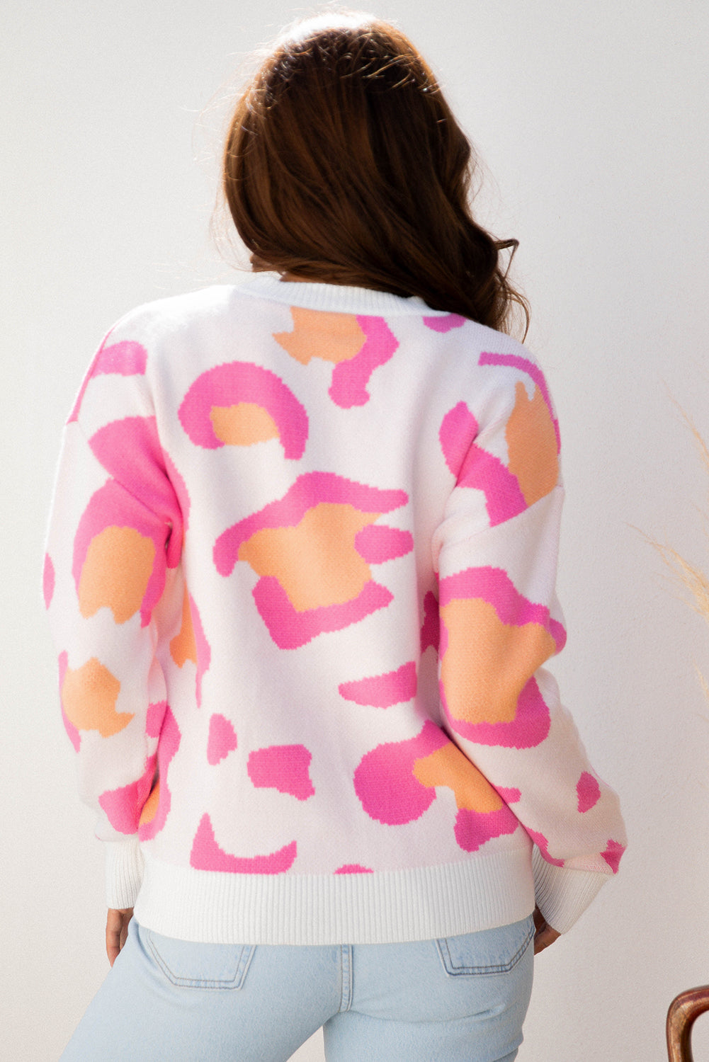 Pink Leopard Print Sweater For Trendy Style