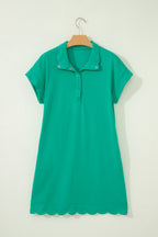 Beau Blue Solid Color Snap Button Polo Collar Short Sleeve Scallop Hem Mini Dress