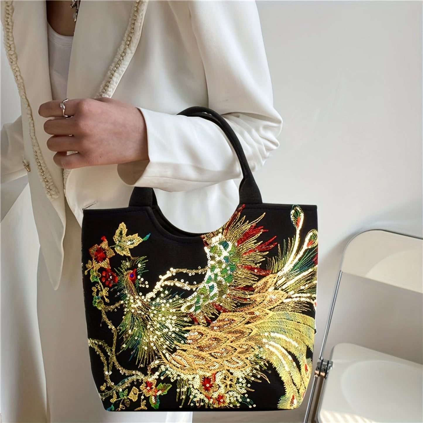Wo's Embroidered Satchel Bag - Retro Double Handle Handbag with