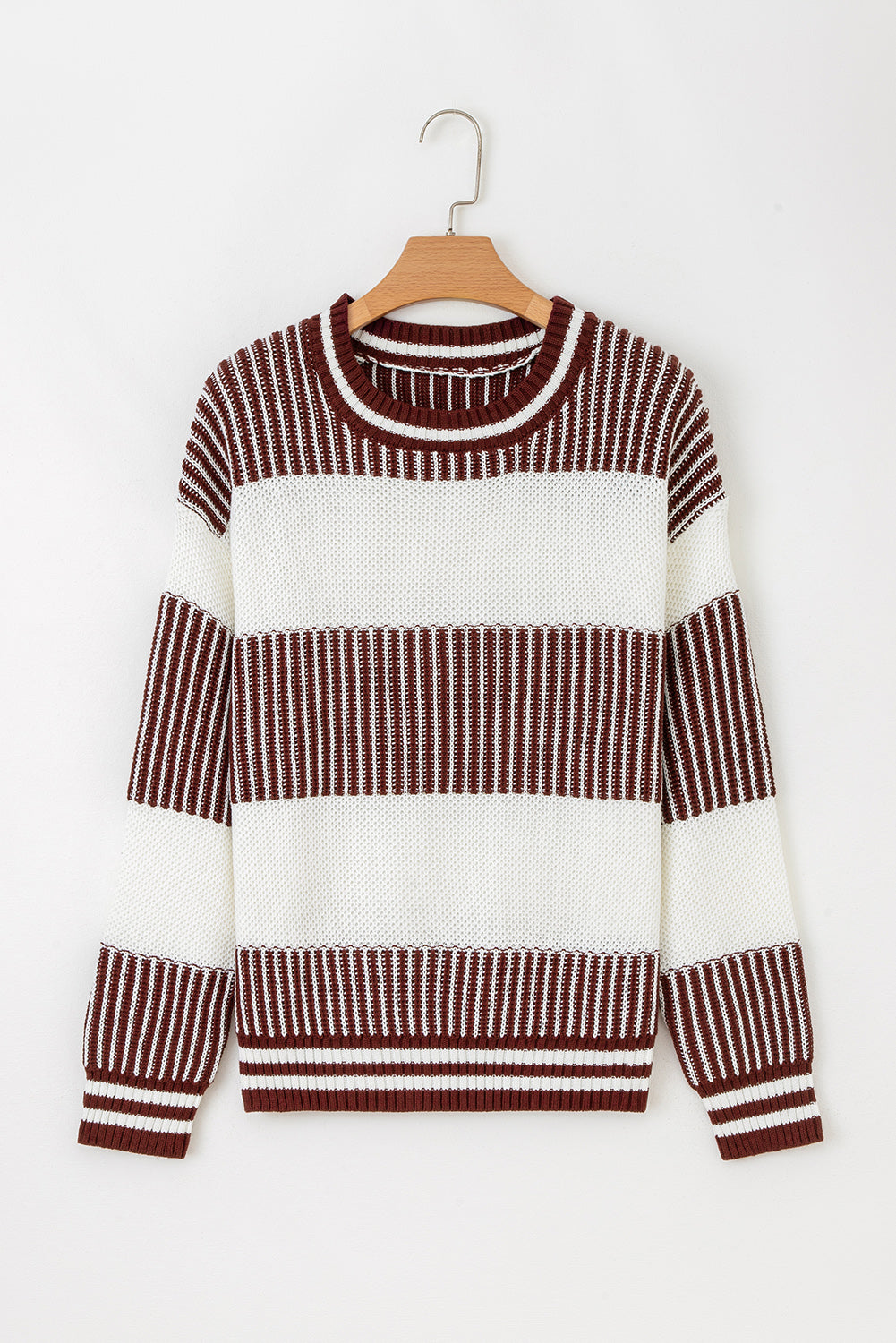 Brown Striped Patchwork Sweater For Trendy Look