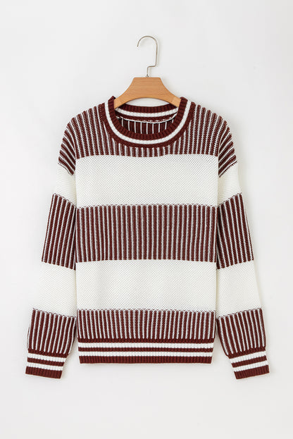 Brown Striped Patchwork Sweater For Trendy Look