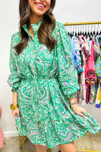 Green Paisley Mini Dress Tie-Waist Ruffle Hem