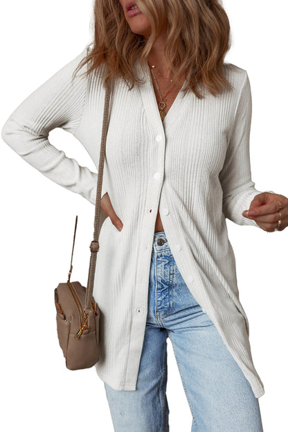 White Ribbed Button Up Tunic Cardigan