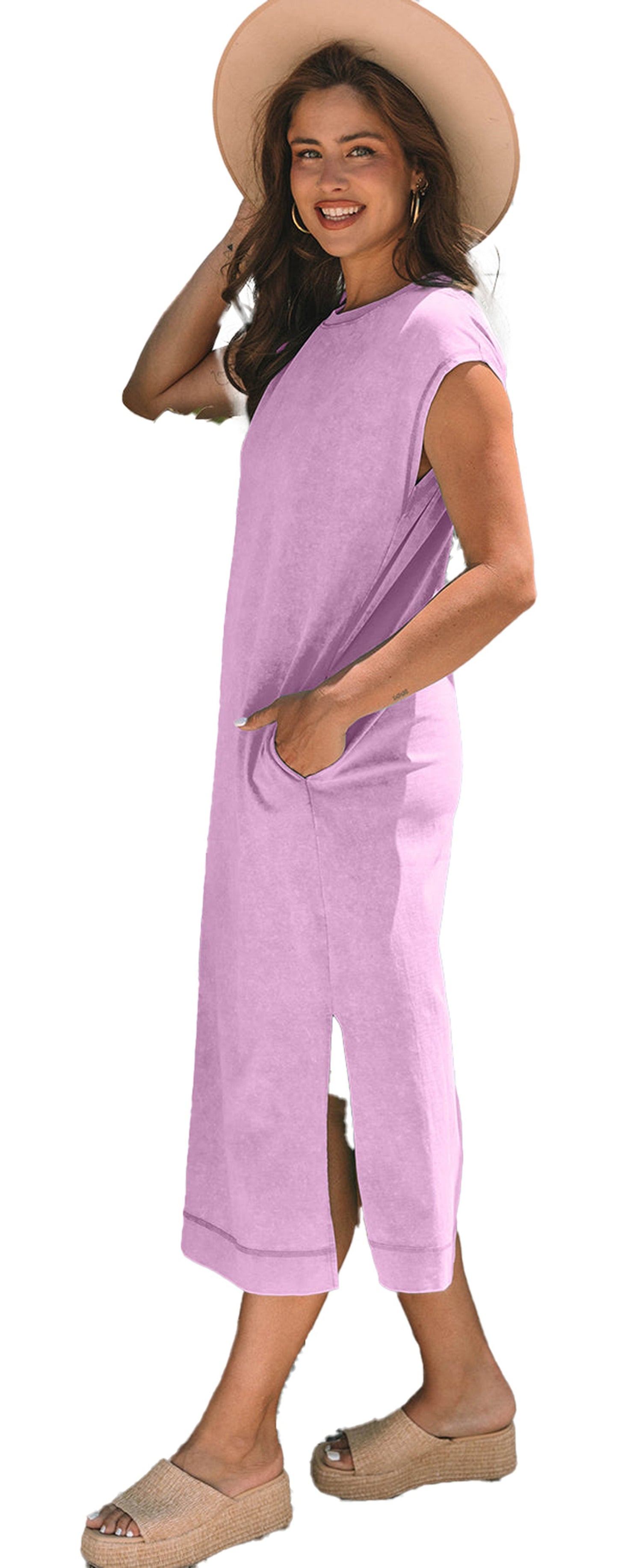 Model wearing lavender carrot mineral wash t-shirt dress with side slit pockets casual summer look with hat