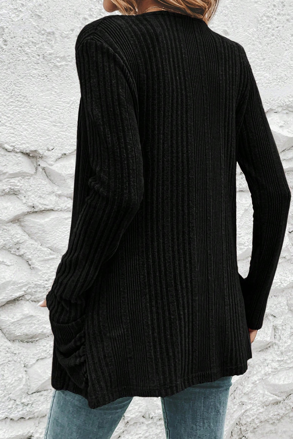 Black Ribbed Open Front Cardigan